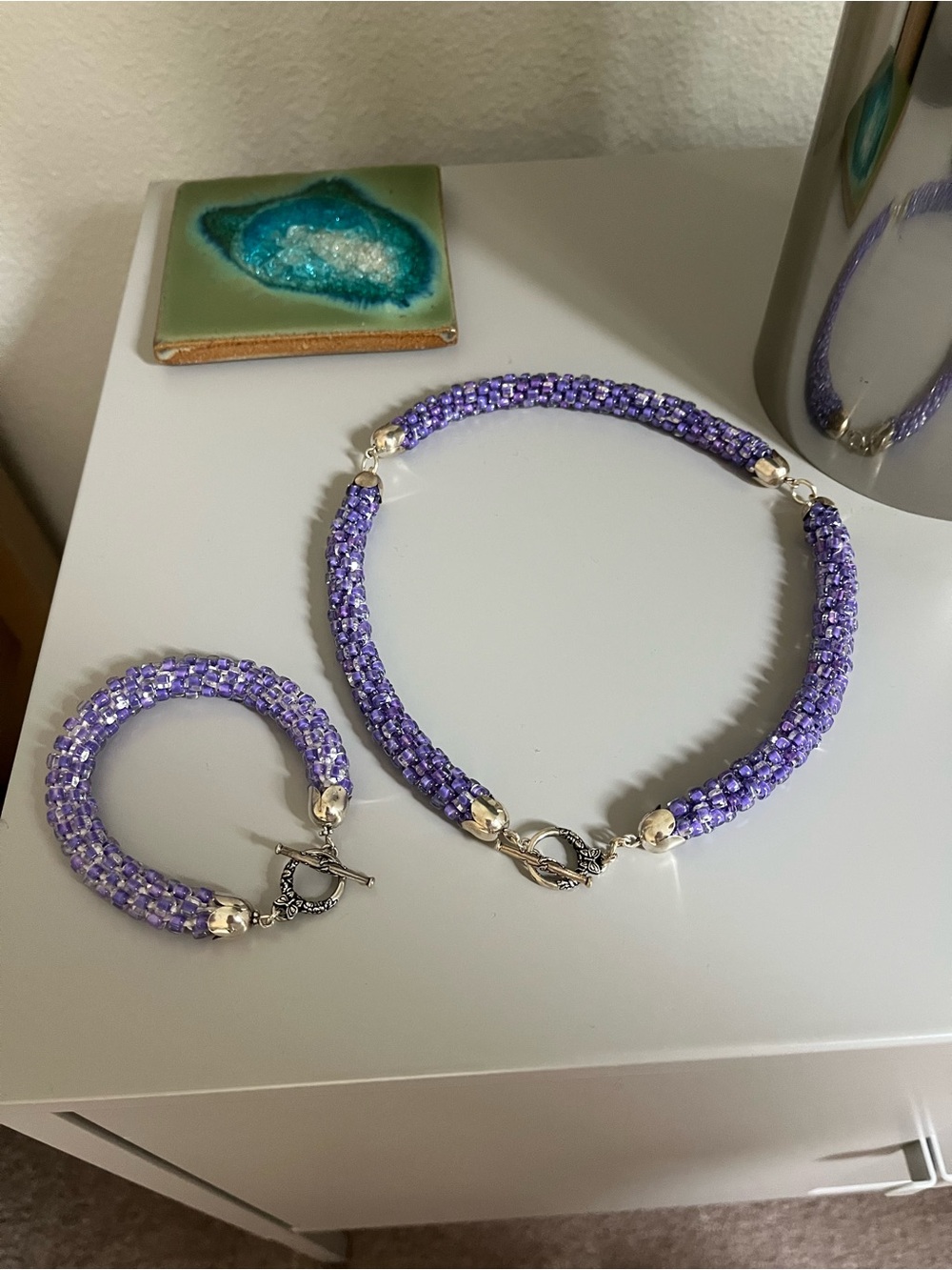 Crocheted Beaded purple fairy Necklace + bracelet set